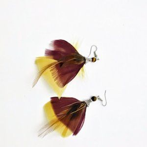 FEATHER & TIGER EYE BEAD EARRINGS*HAND CRAFTED*